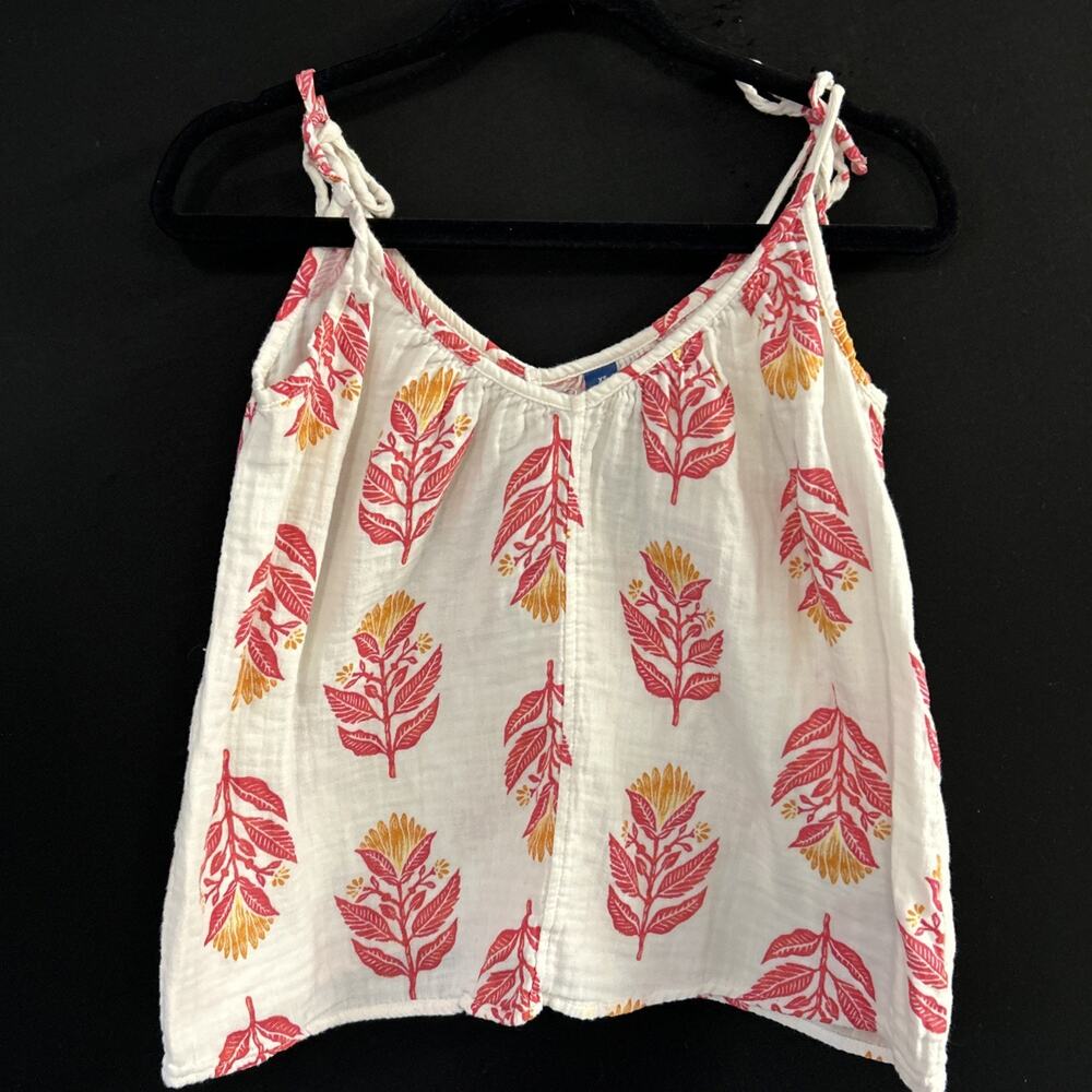 Old Navy White Tank Top with Pink and Yellow Leaf Motif